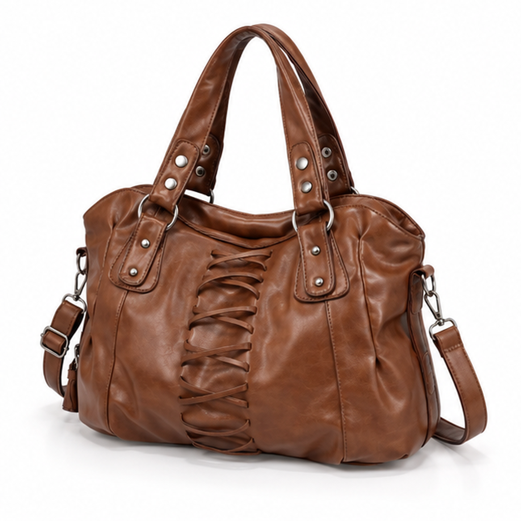 Vintage Coffee Lace-Up Leather Shoulder Handbag-3