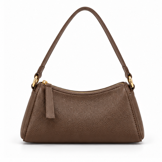 Coffee Textured Shoulder Bag With Zipper-4