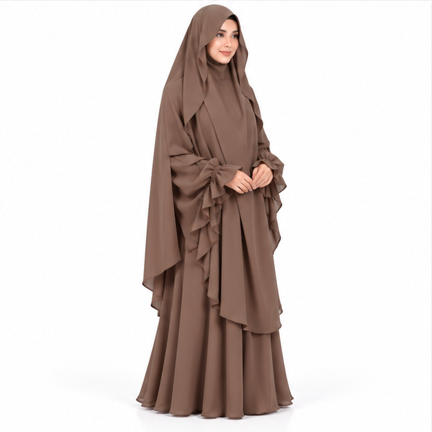 Elegant Coffee Brown Flowing Women's Khimar-3