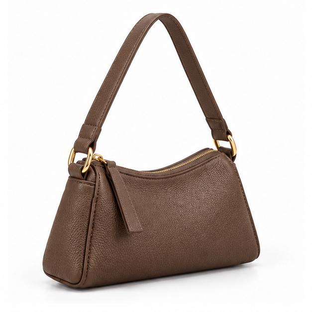 Coffee Textured Shoulder Bag With Zipper-1