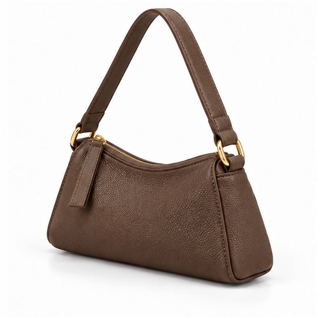 Coffee Textured Shoulder Bag With Zipper-3