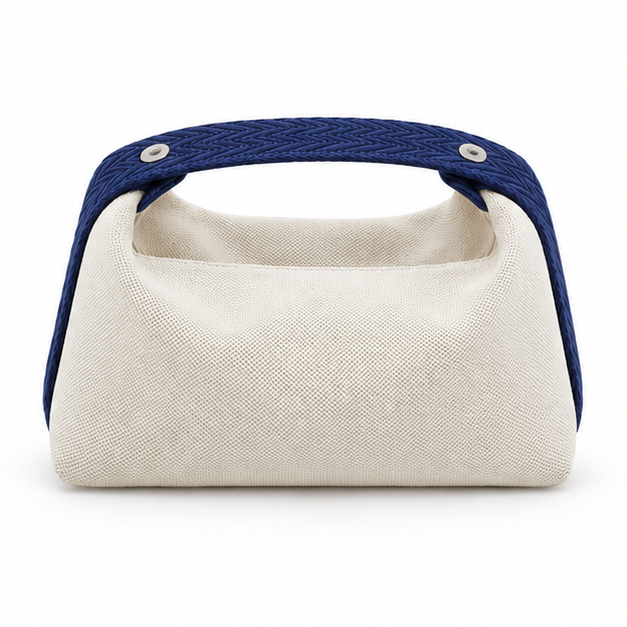 Cream Canvas Bag With Navy Strap-2