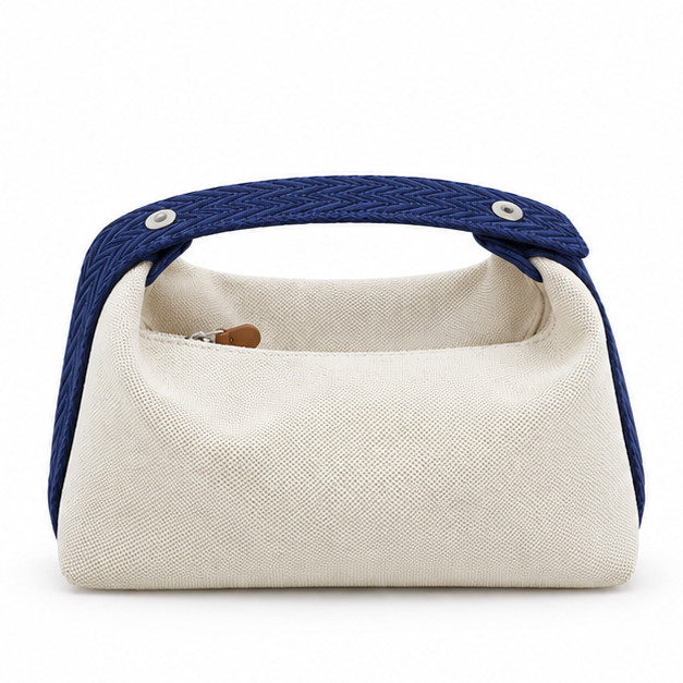 Cream Canvas Bag With Navy Strap-4