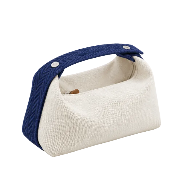 Cream Canvas Bag With Navy Strap-1
