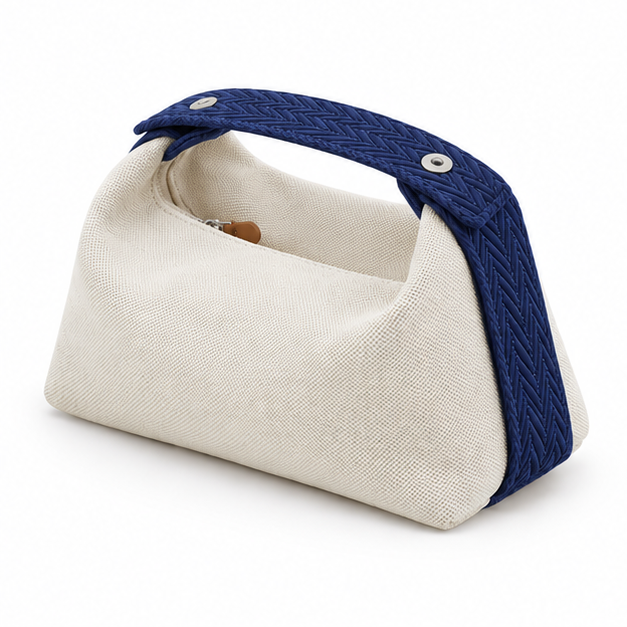 Cream Canvas Bag With Navy Strap-3
