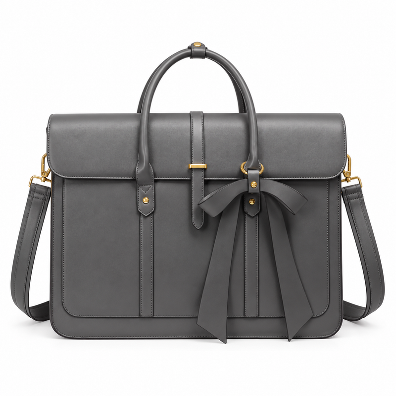 Grey Bow Detail Leather Laptop Bag-4