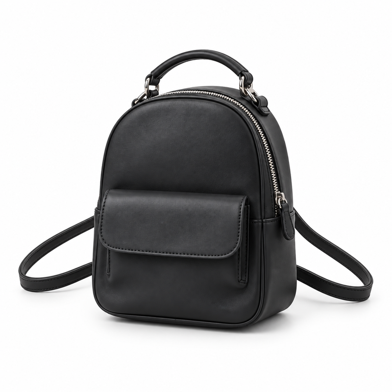 Black Vegan Leather Mini Backpack Bag-3