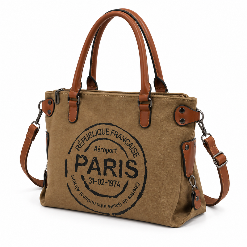 Vintage Paris Leather Canvas Tote Bag-3