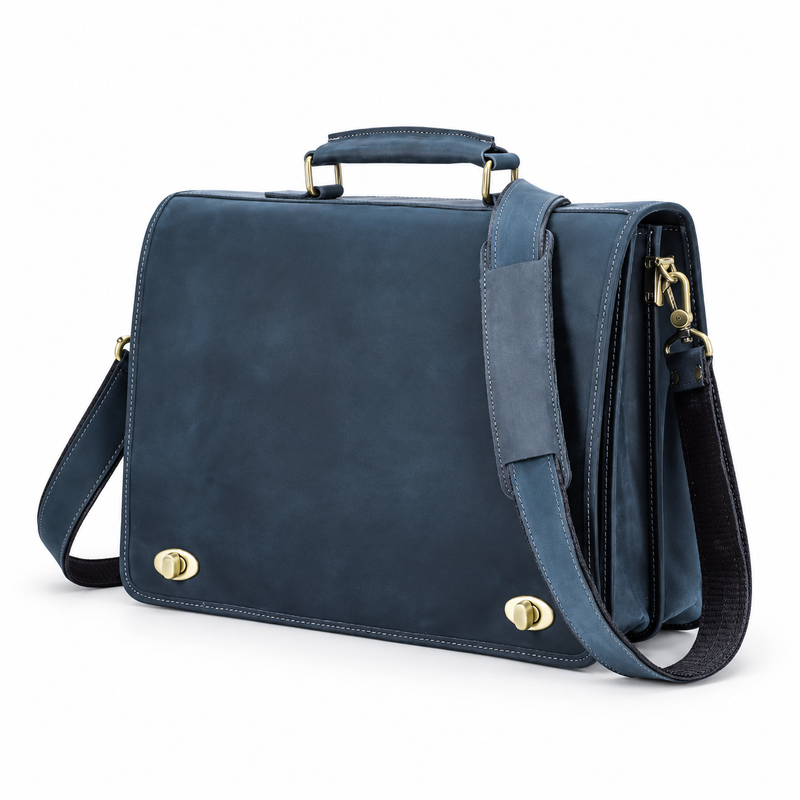 Navy Blue Leather Laptop Messenger Bag-3