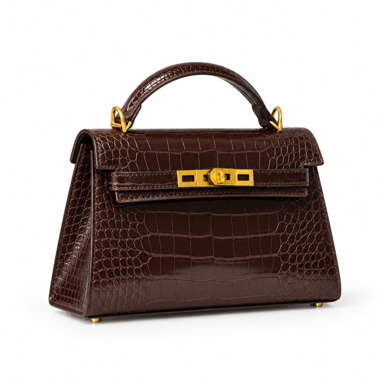 Chocolate Croc Structured Top Handle Handbag-1