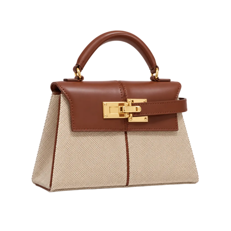 Classic Brown Leather Canvas Top Handle Bag-1