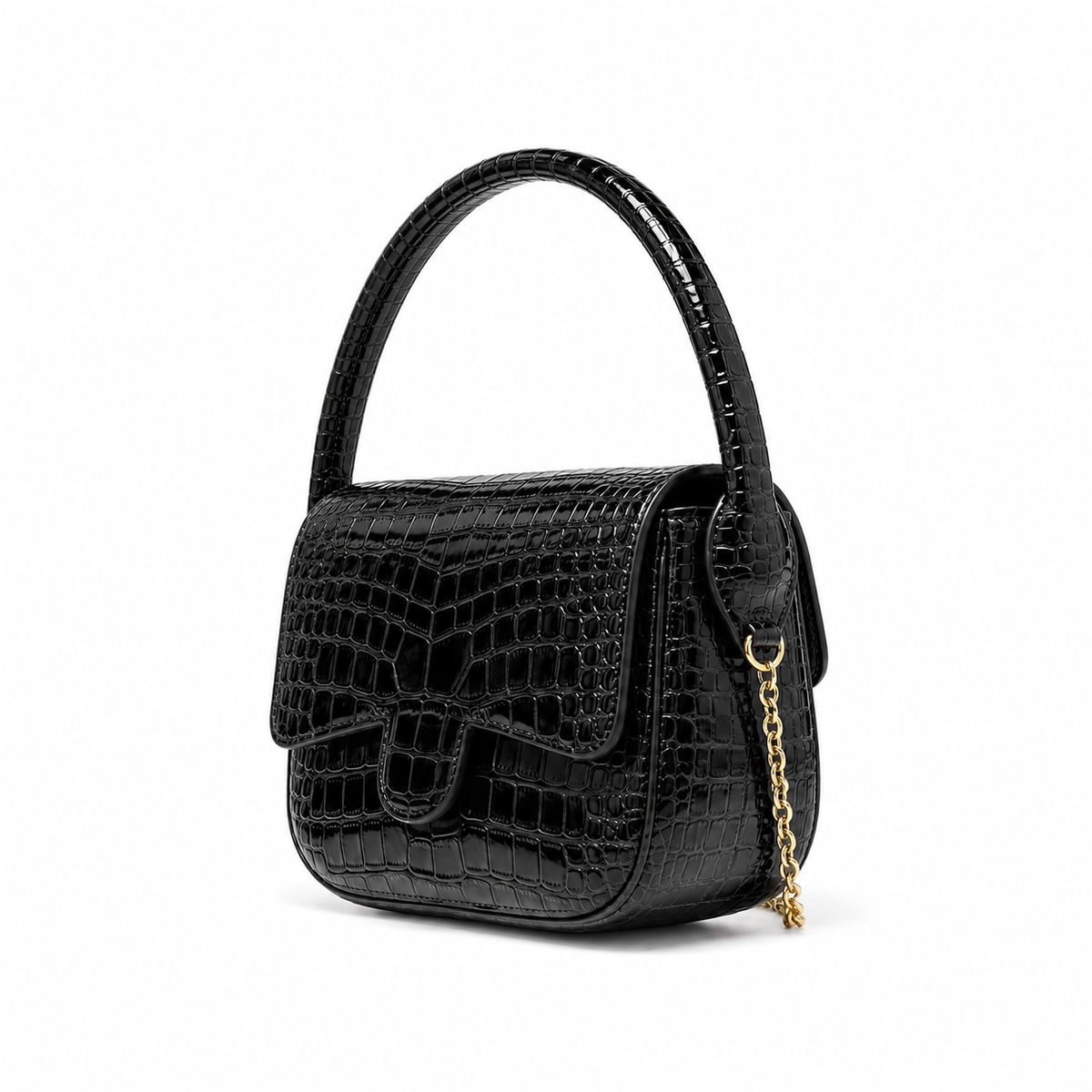 Black Crocodile-Embossed Top Handle Handbag-3