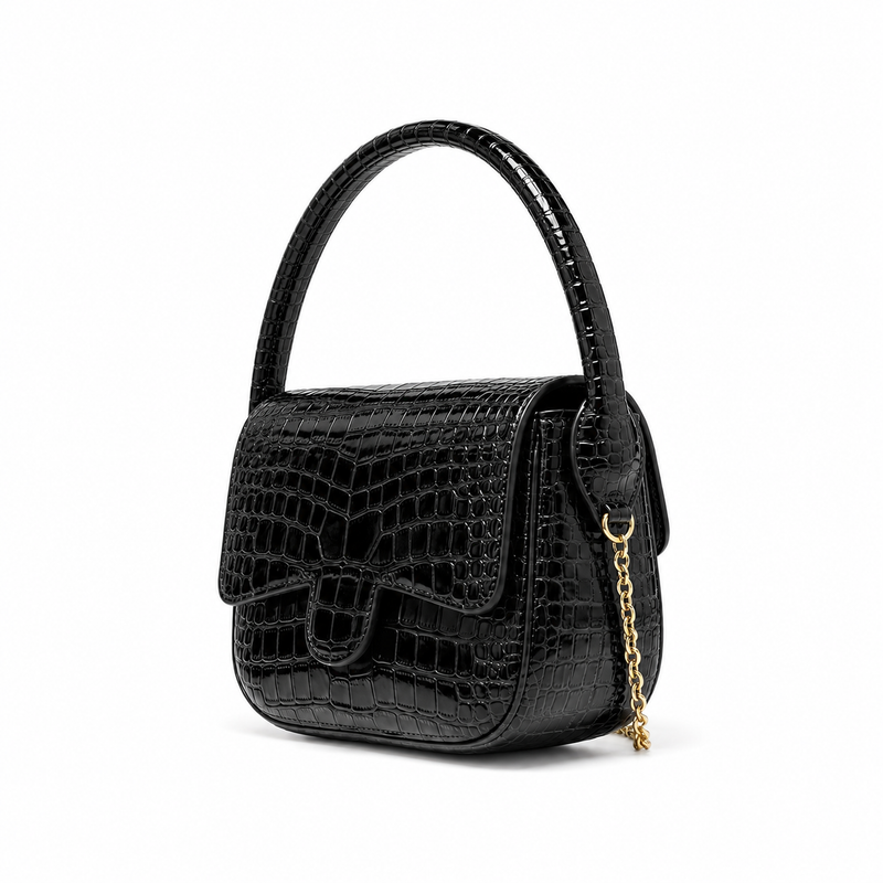 Black Crocodile-Embossed Top Handle Handbag-3