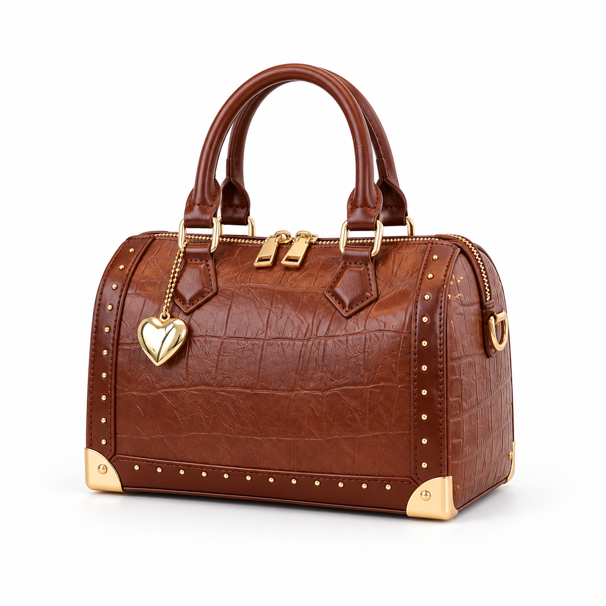 Cognac Brown Crocodile Embossed Leather Satchel-3