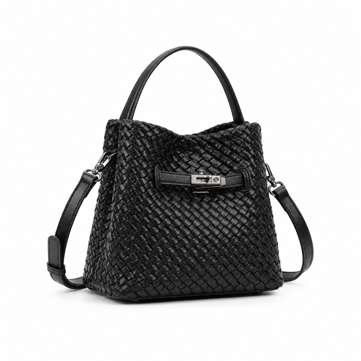 Elegant Black Woven Bucket Shoulder Bag-1