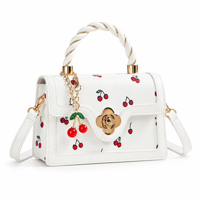 White Cherry Print Twisted Handle Crossbody-1