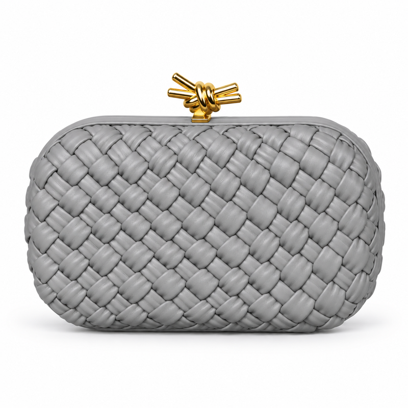 Grey Woven Clutch With Golden Knot-2
