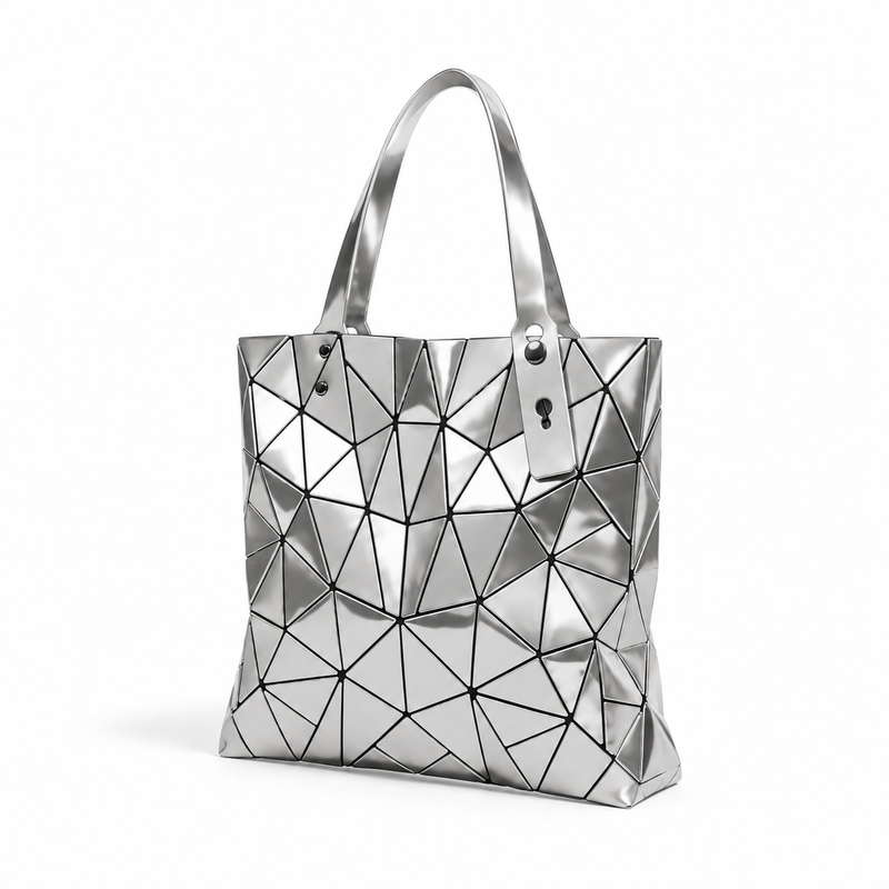 Silver Geometric Mosaic Shoulder Tote Bag-2