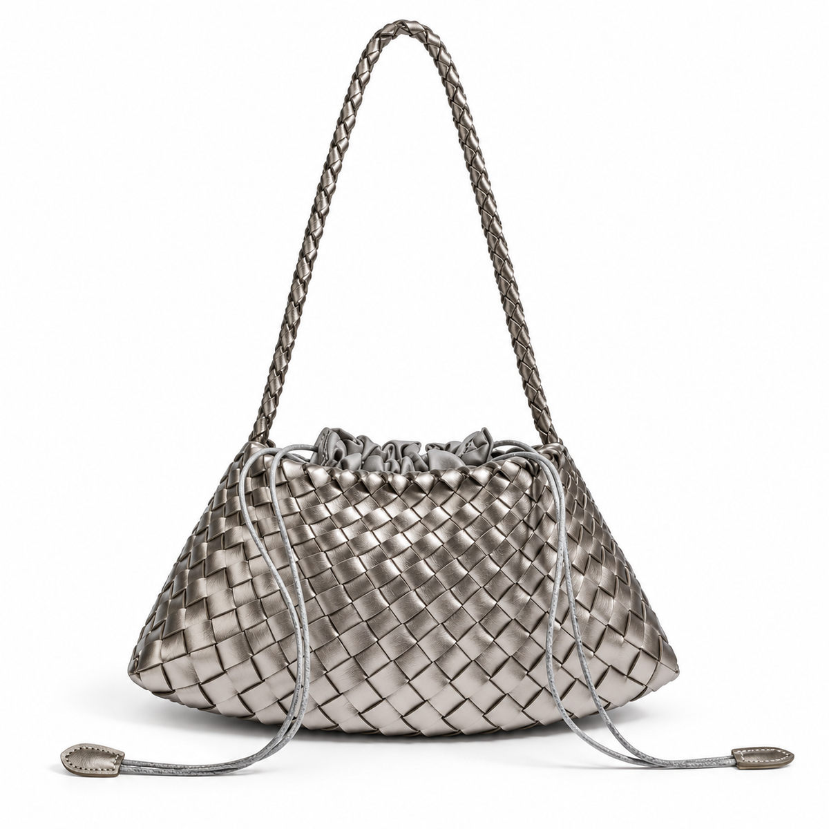 Metallic Silver Woven Drawstring Shoulder Bag-4