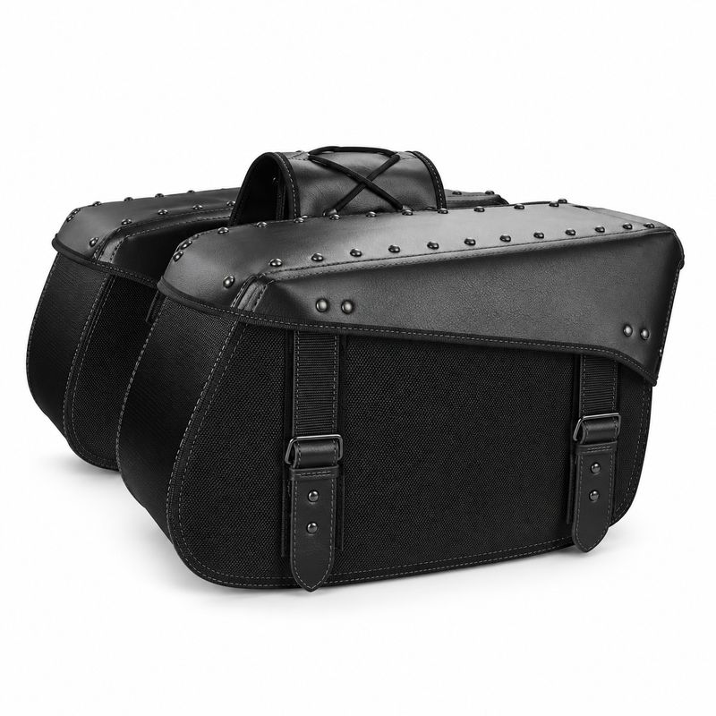 Black Studded Dual Motorcycle Saddle Bag-4