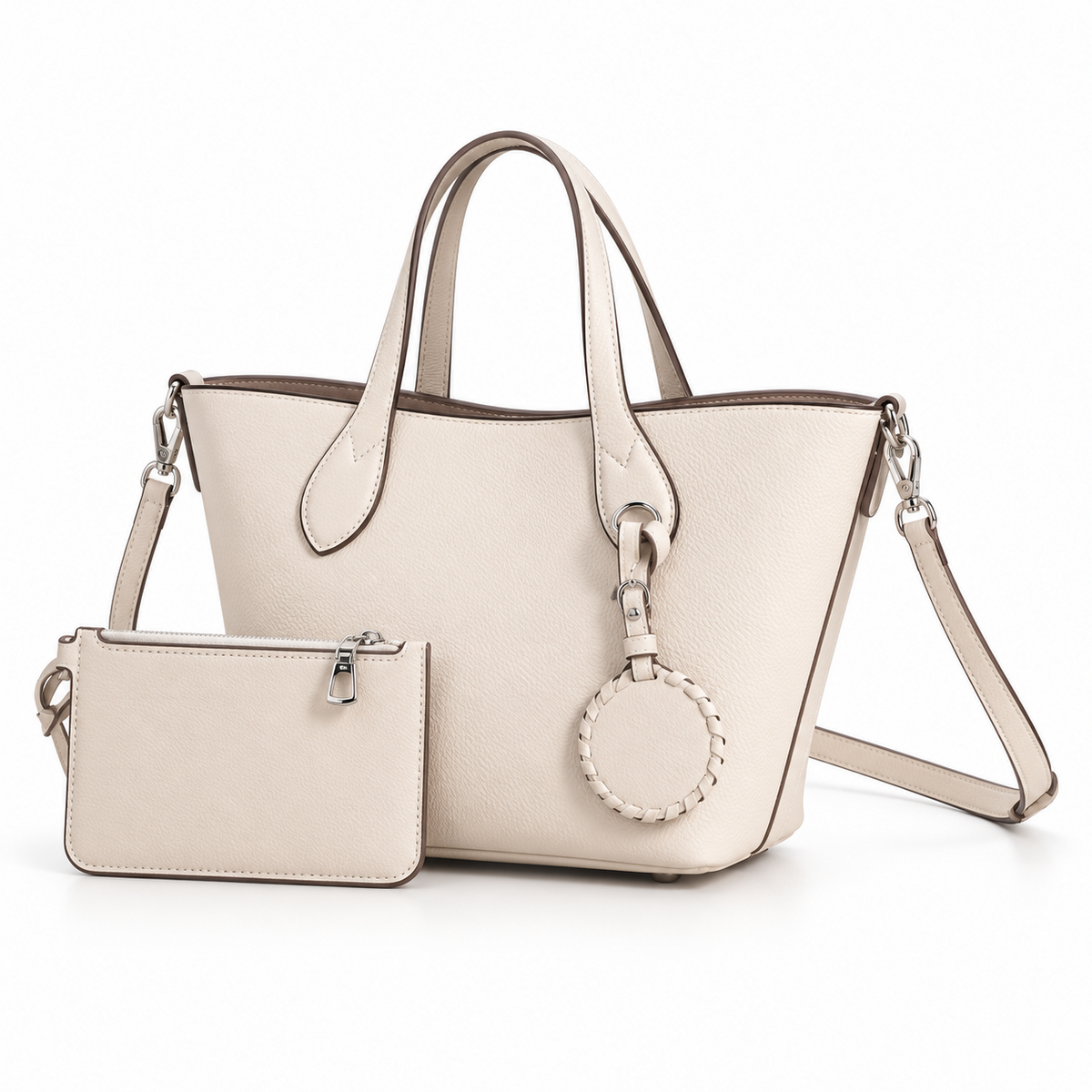 Ivory Textured Tote Bag With Pouch-3