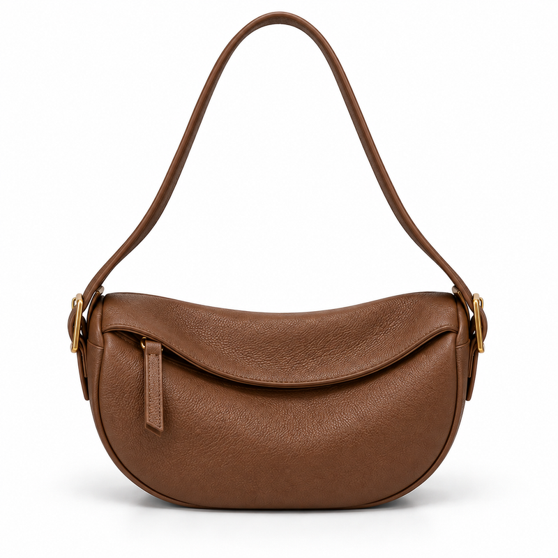 Brown Crescent Shoulder Bag With Buckle-4