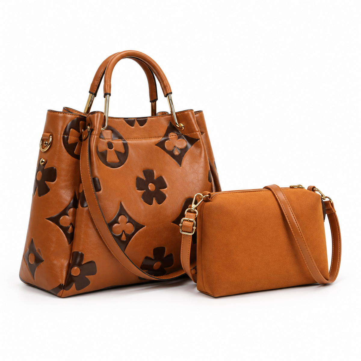 Brown Floral Embossed Tote Crossbody Set-5