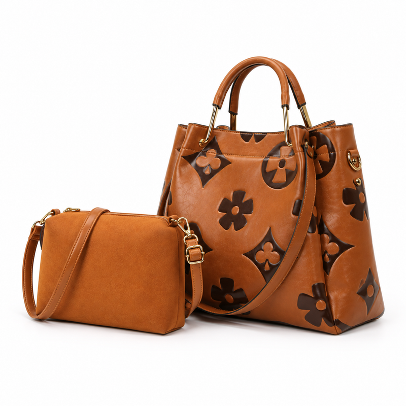 Brown Floral Embossed Tote Crossbody Set-7