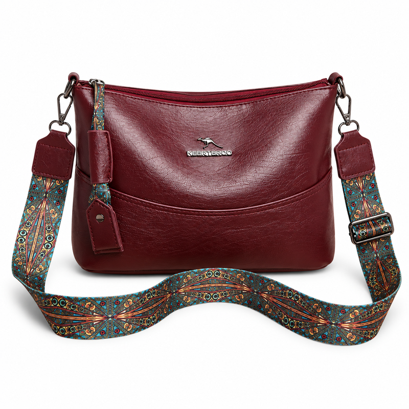 Burgundy Crossbody Bag With Patterned Strap-4