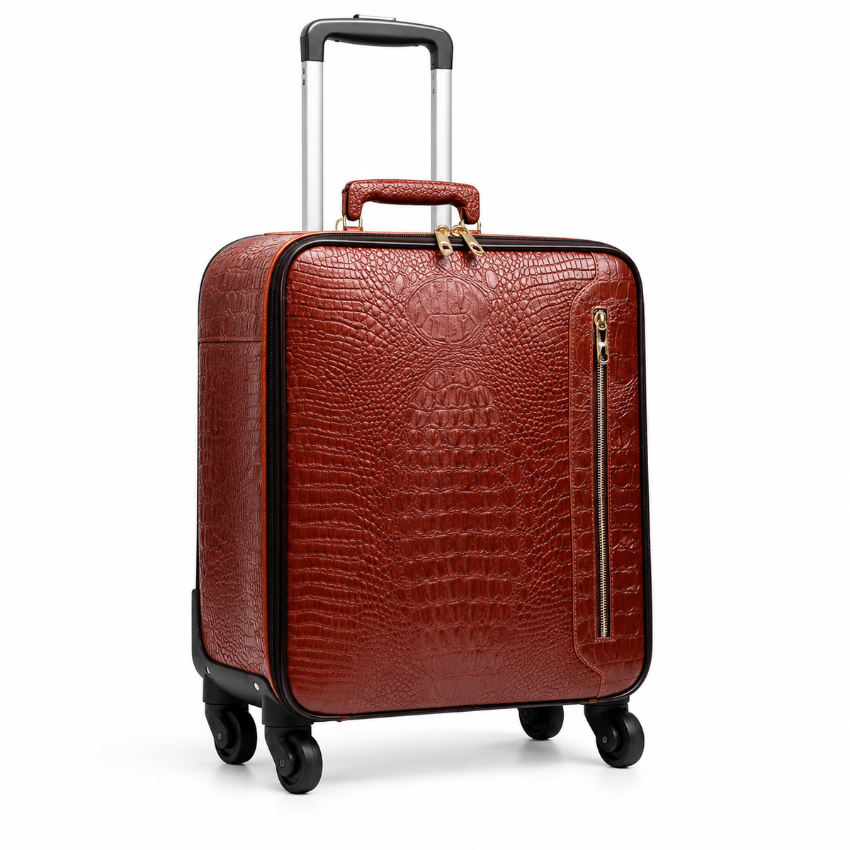 Brown Crocodile Embossed Leather Trolley Suitcase
