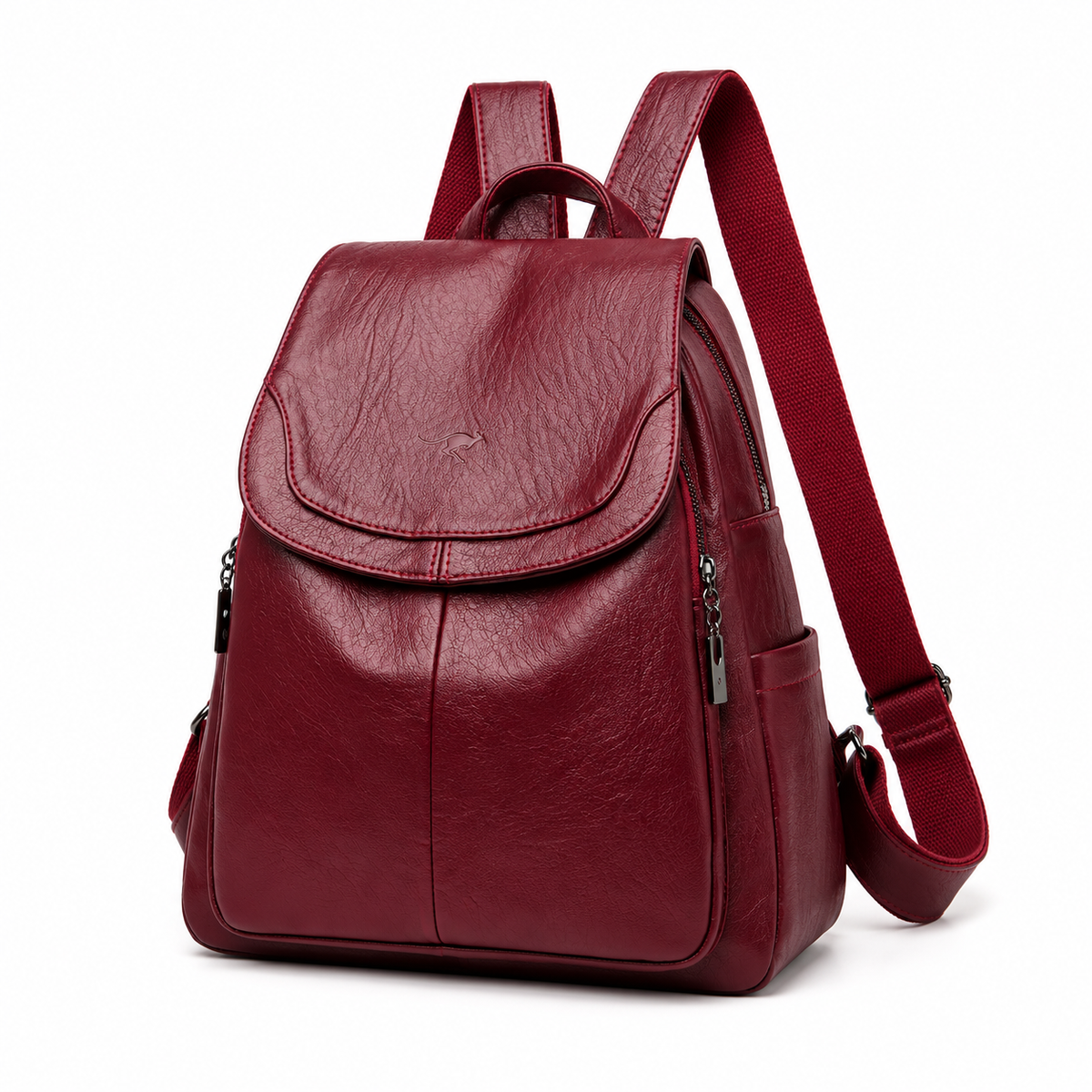Burgundy Textured Flap Backpack With Pockets-3