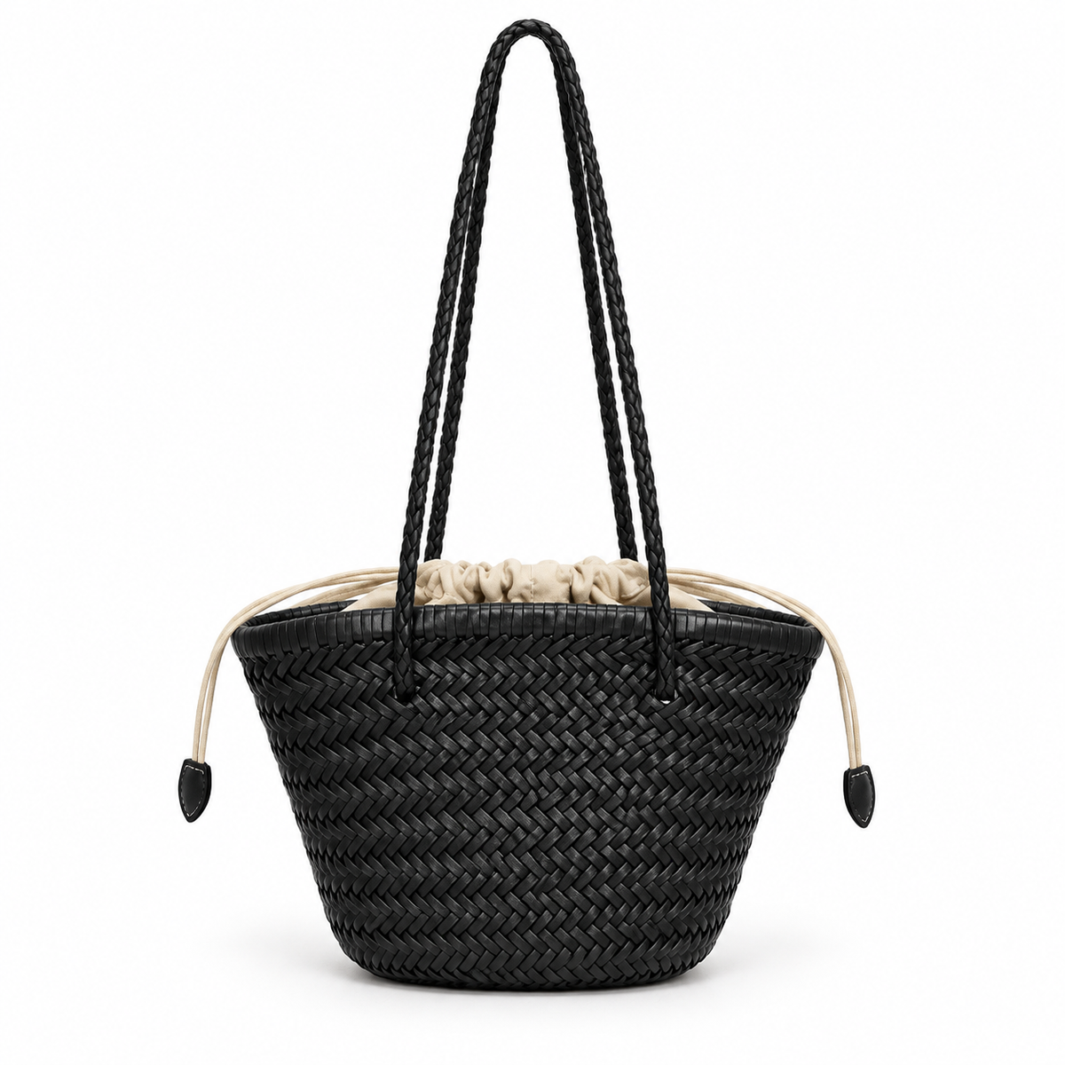 Black Woven Tote With Braided Straps
