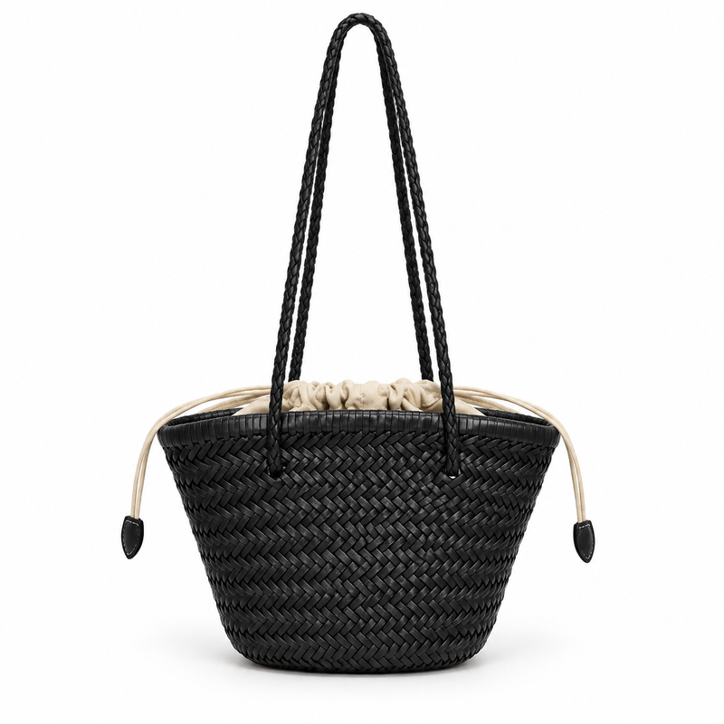 Black Woven Basket Drawstring Shoulder Bag-2