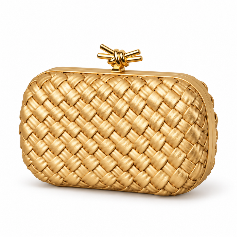 Gold Woven Clutch With Knot Clasp-3