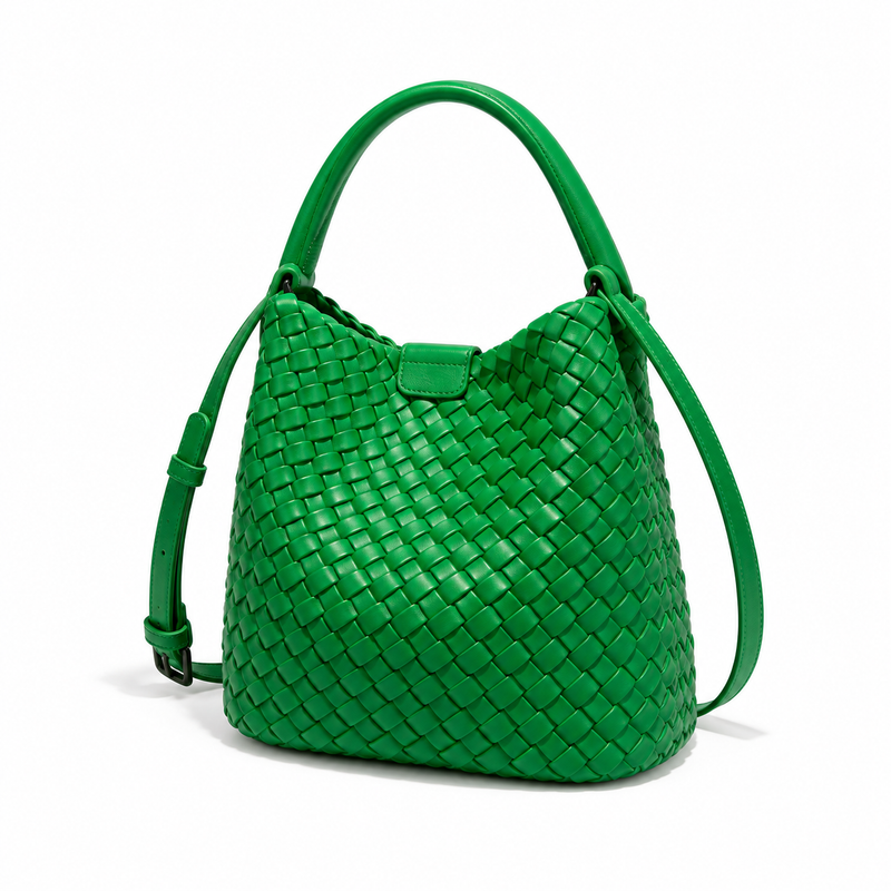 Vibrant Green Woven Bucket Shoulder Bag-3
