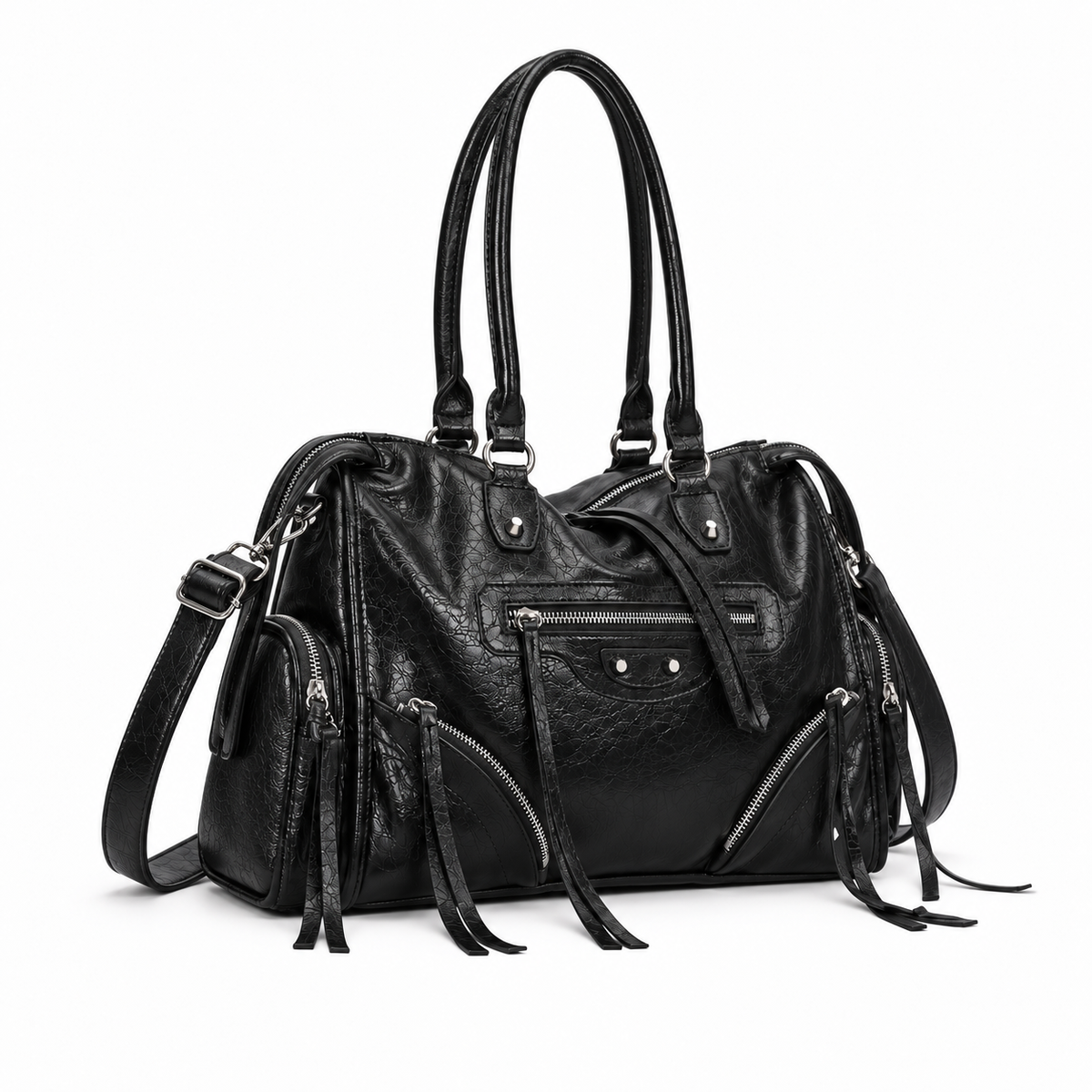 Vintage Black Leather Multi-Pocket Shoulder Handbag