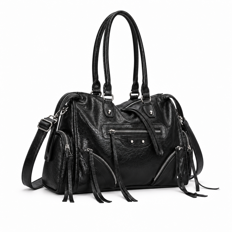 Vintage Black Leather Multi-Pocket Shoulder Handbag-1