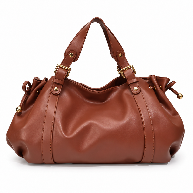 Elegant Brown Slouchy Handbag With Buckles-4