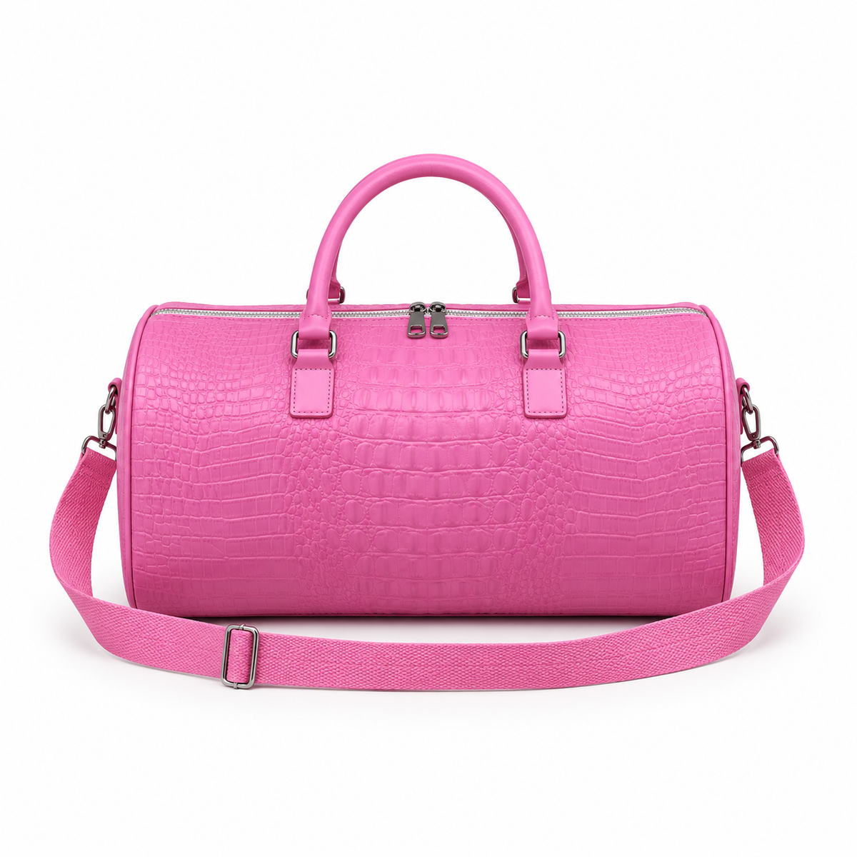 Pink Crocodile Embossed Leather Duffel Bag-2