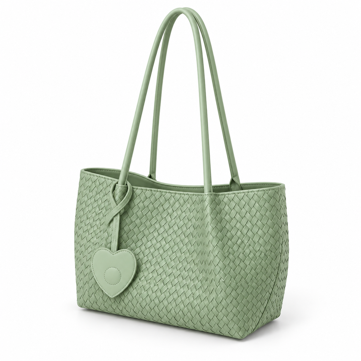 Sage Green Woven Heart Charm Tote-3
