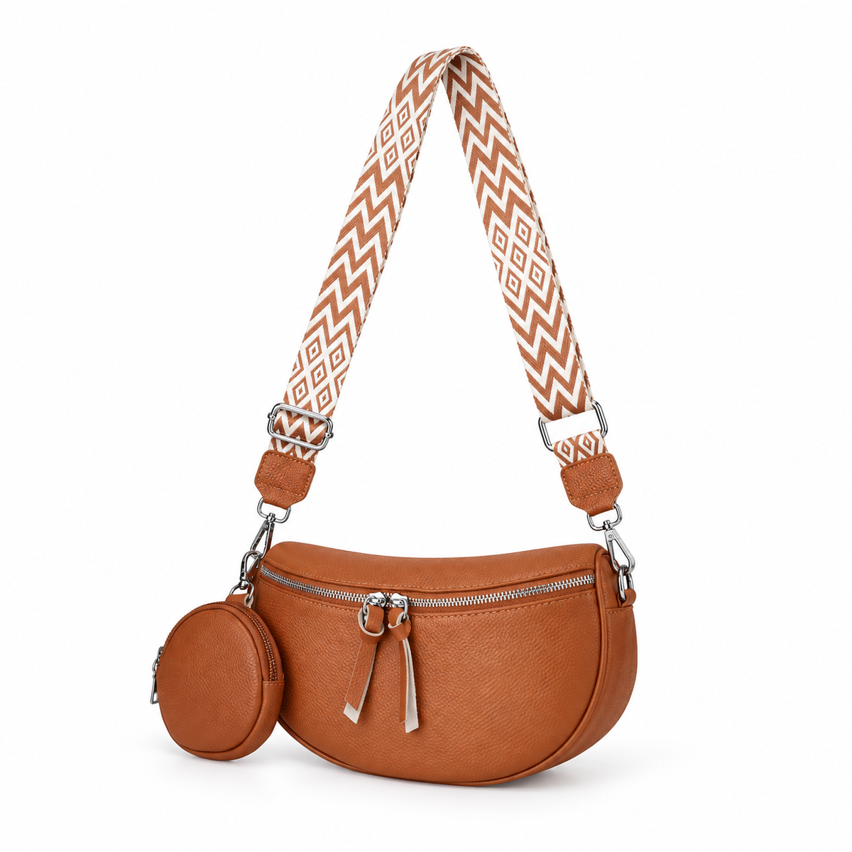Brown Crescent Sling Bag With Pouch-3