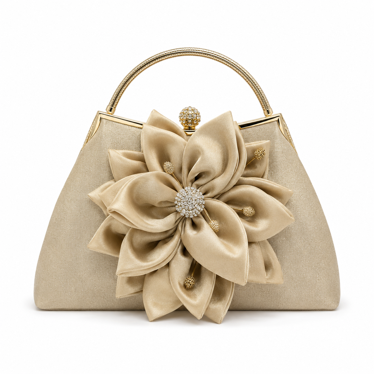 Elegant Champagne Floral Evening Handbag with Rhinestone Clasp-1