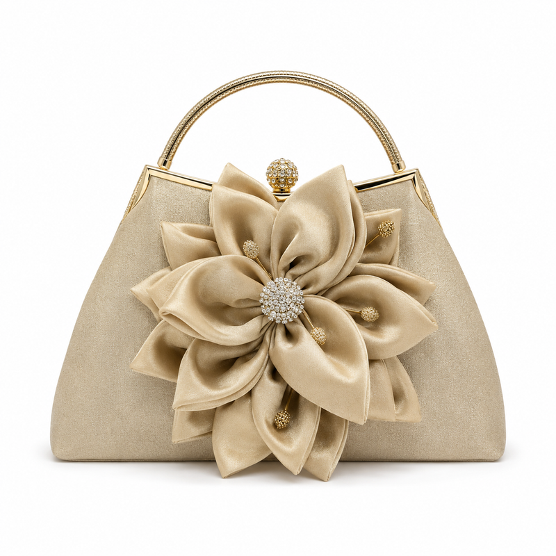 Elegant Champagne Floral Evening Handbag with Rhinestone Clasp-1
