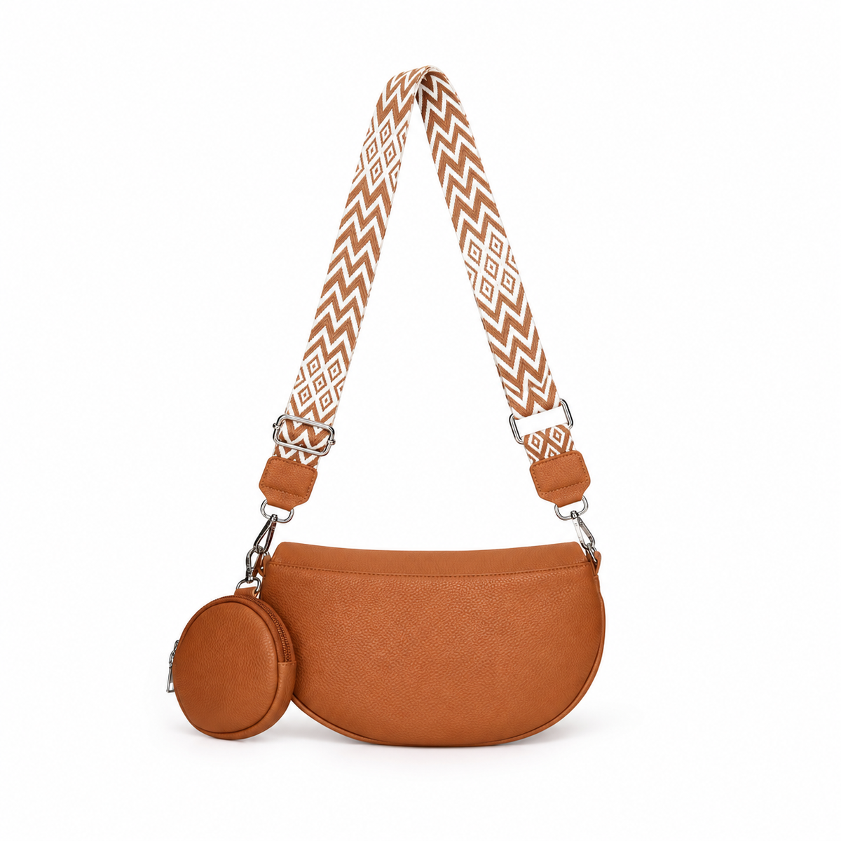 Brown Crescent Sling Bag With Pouch-2