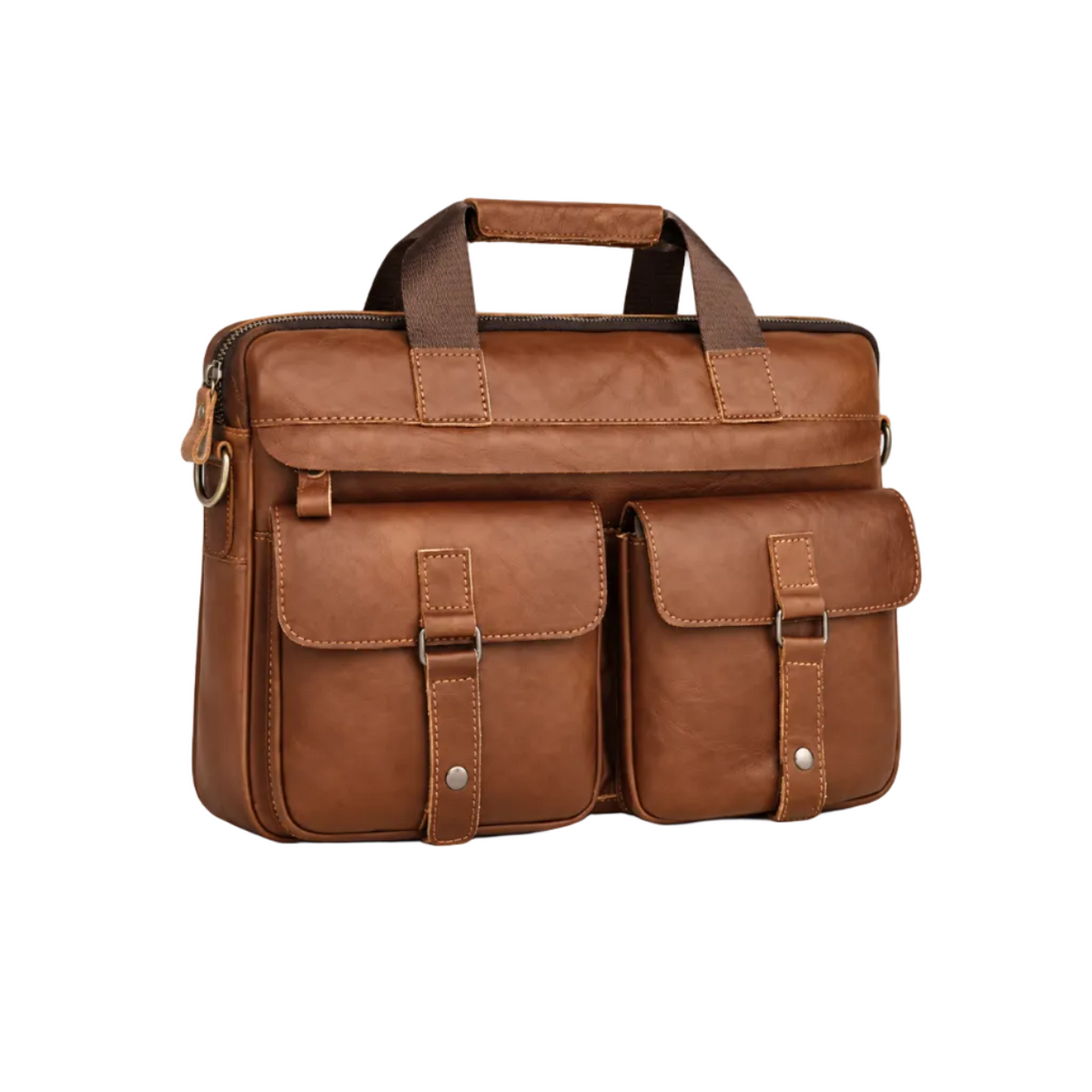 Classic Cognac Leather Briefcase With Pockets-1