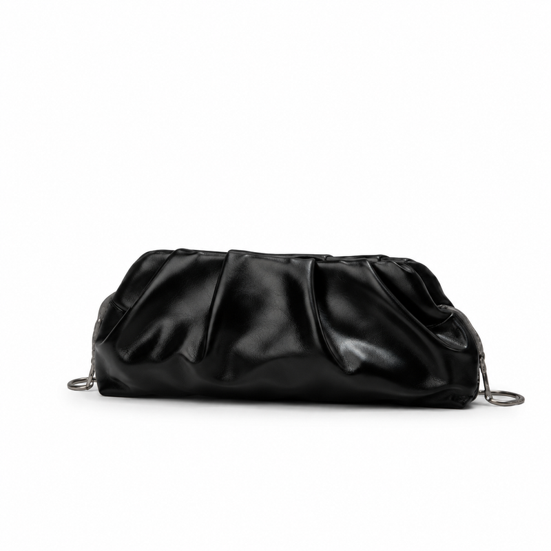 Black Ruched Leather-Style Clutch Bag-4