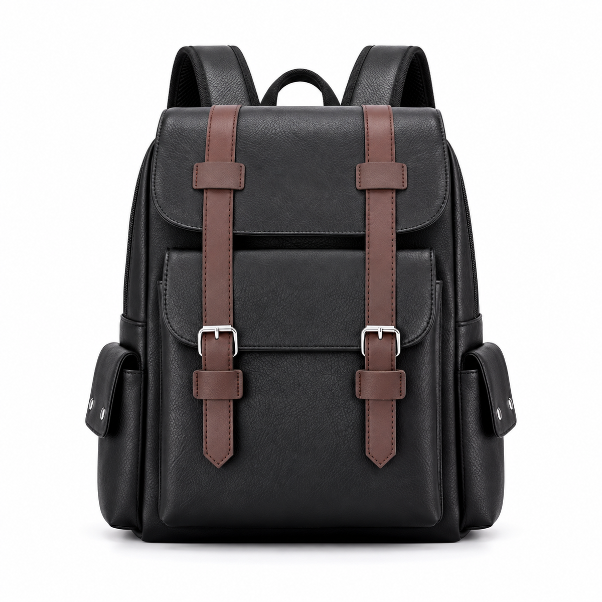 Black Vintage Backpack With Brown Straps-4