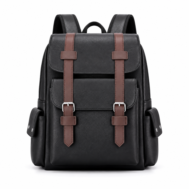 Black Vintage Backpack With Brown Straps-4