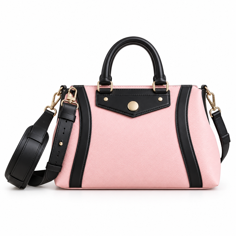 Pink Textured Handbag With Black Trim-4