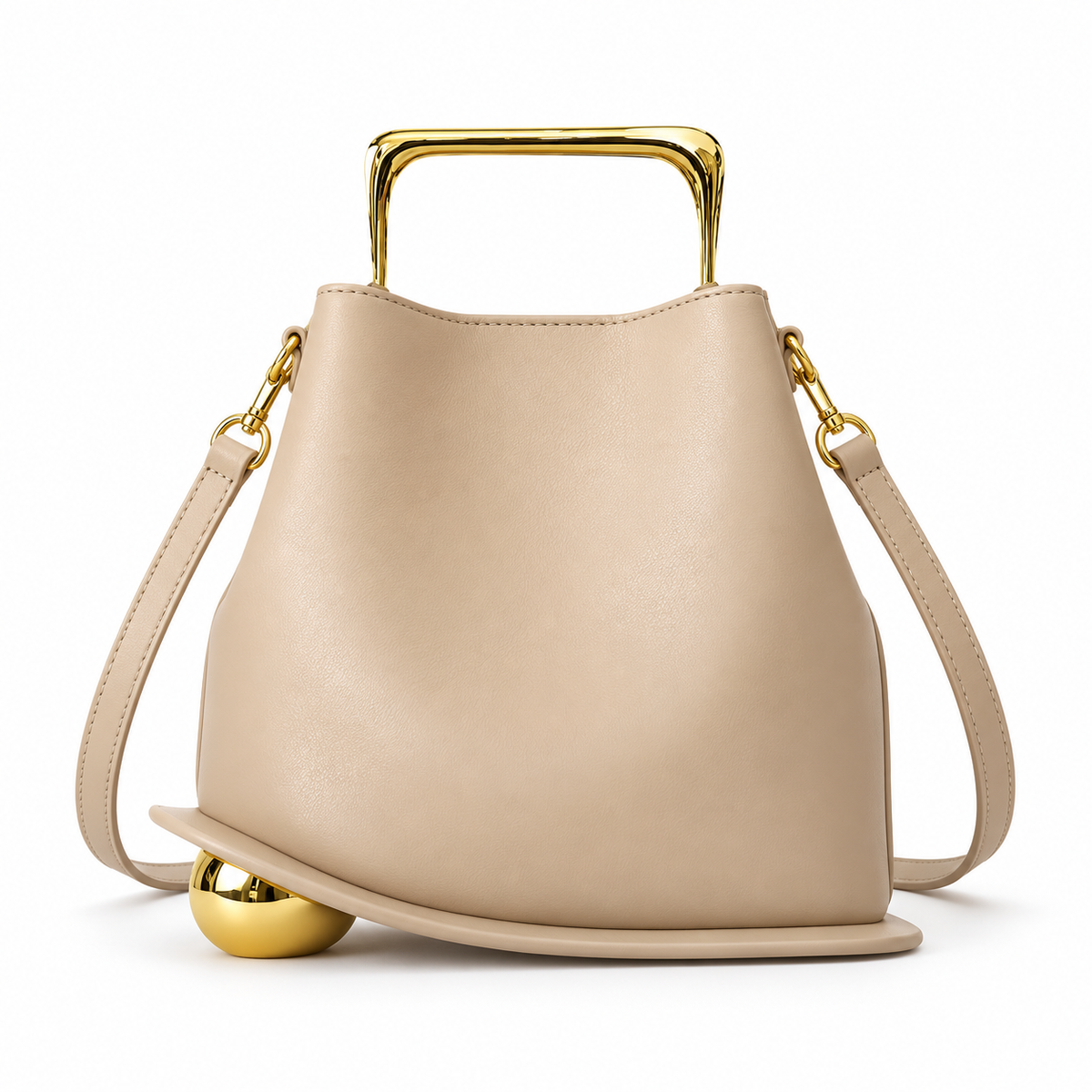 Beige Leather Evening Clutch Golden Handle-4
